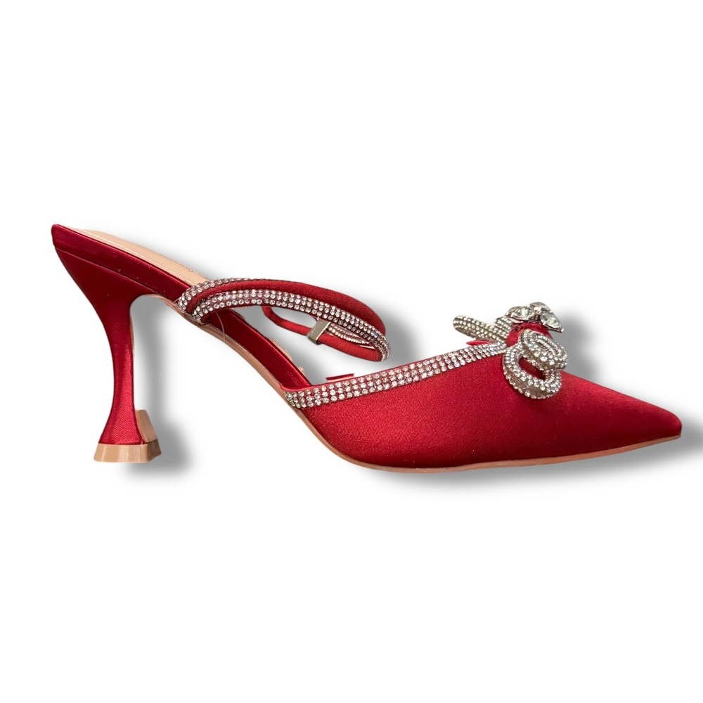 Susanny Red Stiletto Heel Sandals Women's Sz 7.5 Pointed Toe Bow Rhinestone - Picture 6 of 16